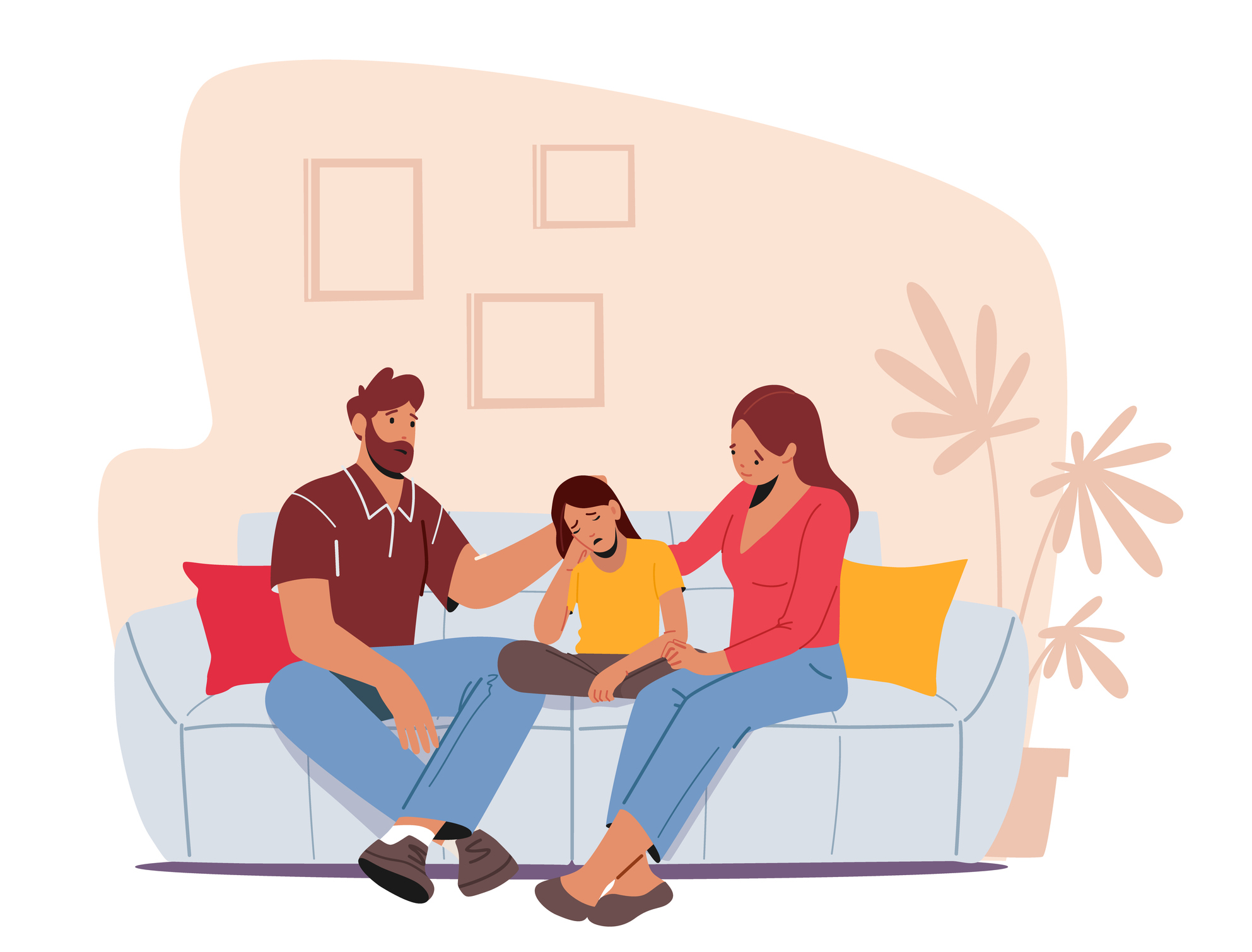 Illustration of mom and dad comforting child on couch - Parenting a Child with Mental Health Issues